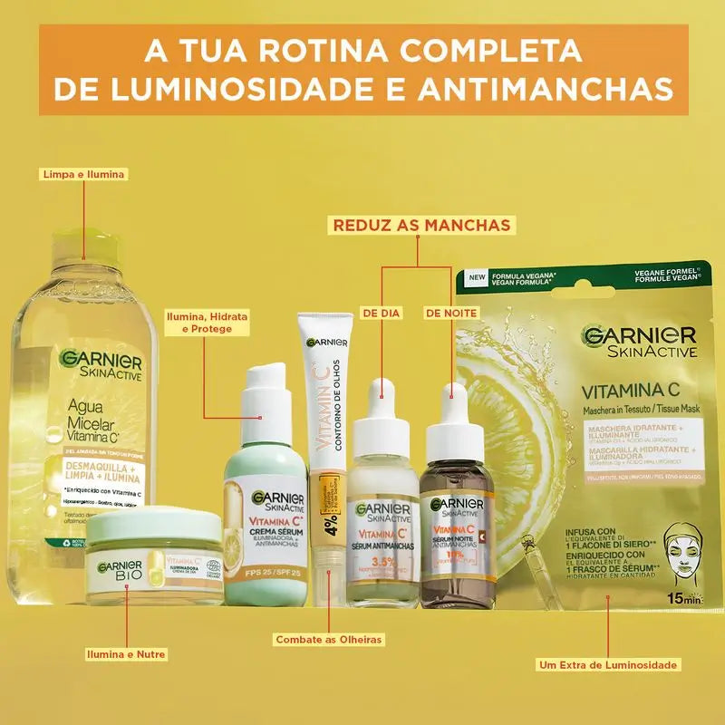 Sérum de nuit anti-imperfections Garnier avec 10% de vitamine C. Résultats sur les taches, la peau terne et les ridules.