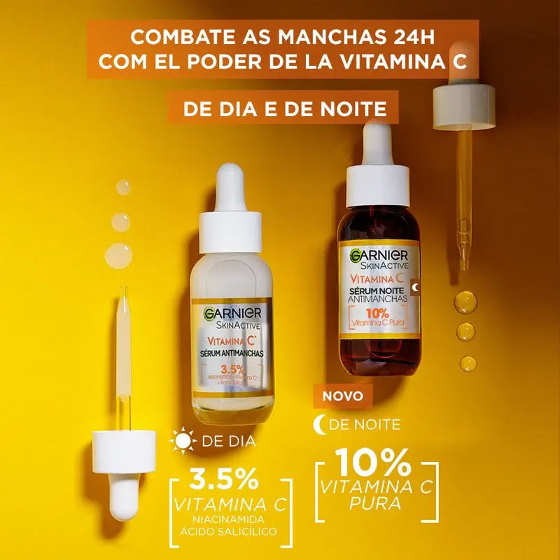 Sérum de nuit anti-imperfections Garnier avec 10% de vitamine C. Résultats sur les taches, la peau terne et les ridules.