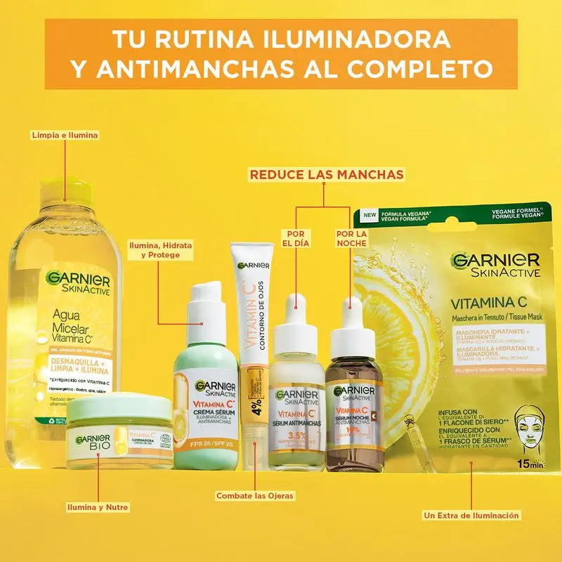 Sérum de nuit anti-imperfections Garnier avec 10% de vitamine C. Résultats sur les taches, la peau terne et les ridules.