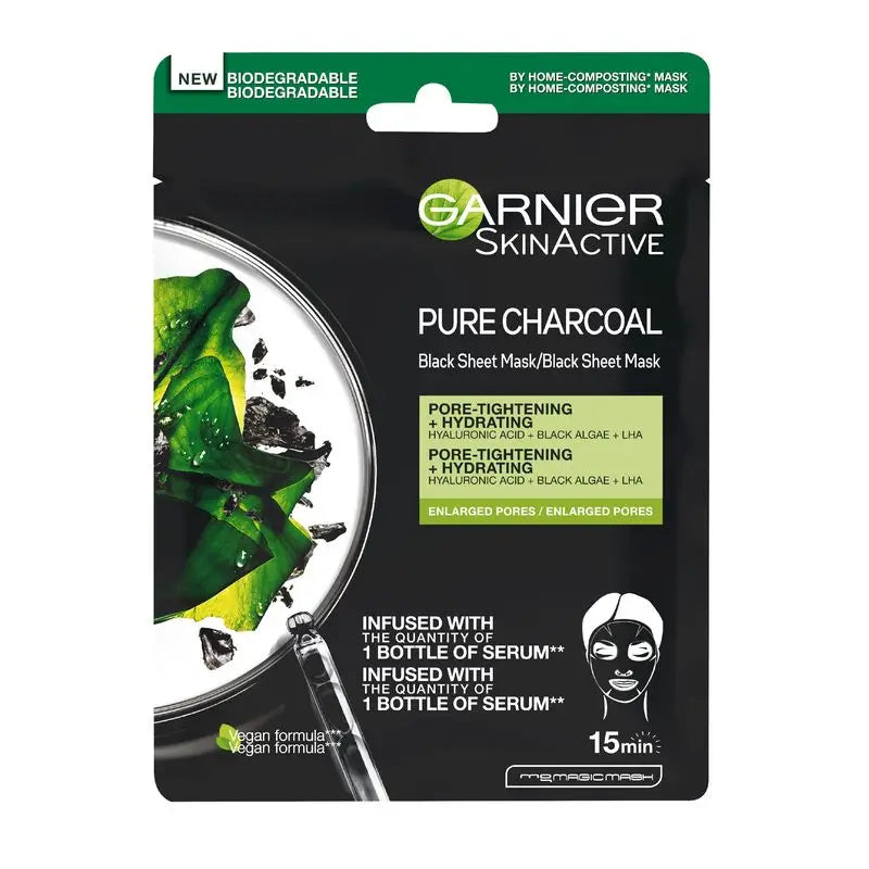 Garnier Skin Active Black Tissue Mask avec extrait d'algues noires et acide hyaluronique pour les peaux à pores dilatés