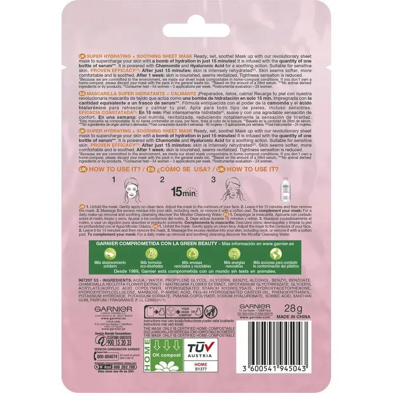 Garnier Skin Active Mask Tissu Hydra Bomb Masque en tissu hydratant et apaisant à l'acide hyaluronique et à la camomille