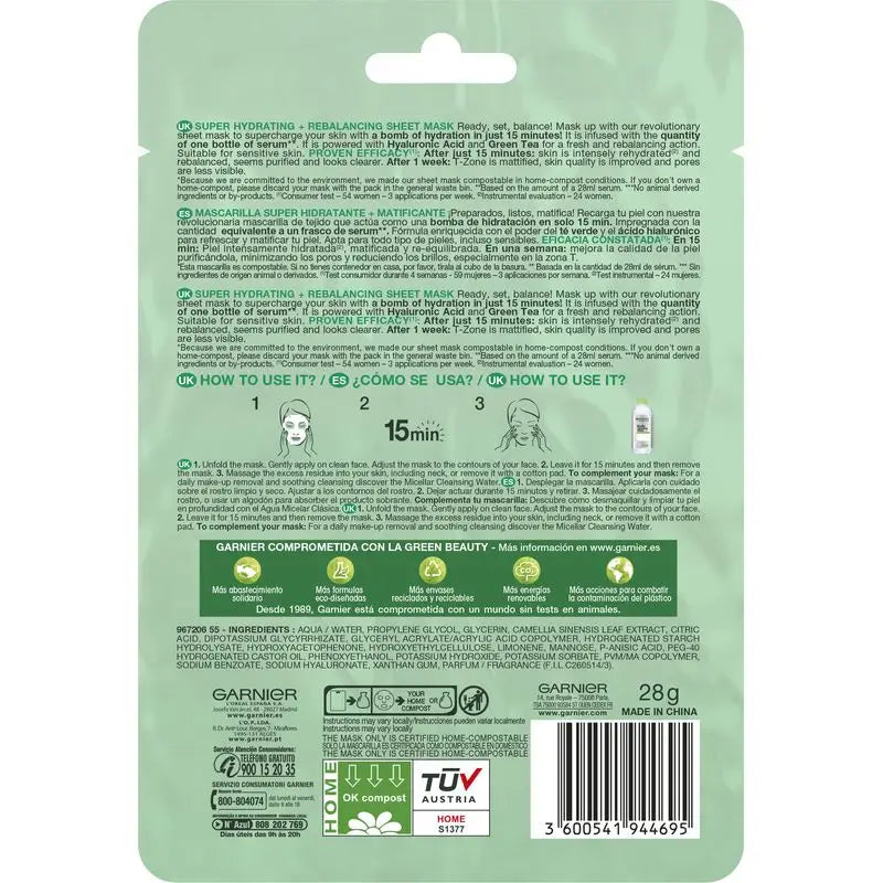 Garnier Skin Active Mask Tissu Hydra Bomb Masque tissu hydratant et matifiant à l'acide hyaluronique et au thé vert