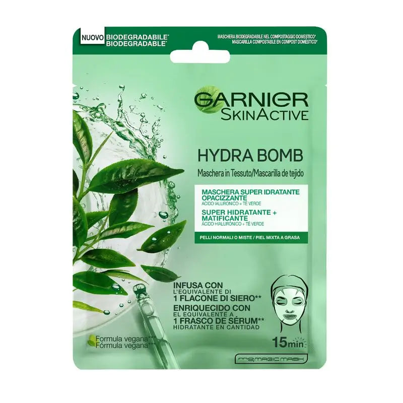 Garnier Skin Active Mask Tissu Hydra Bomb Masque tissu hydratant et matifiant à l'acide hyaluronique et au thé vert