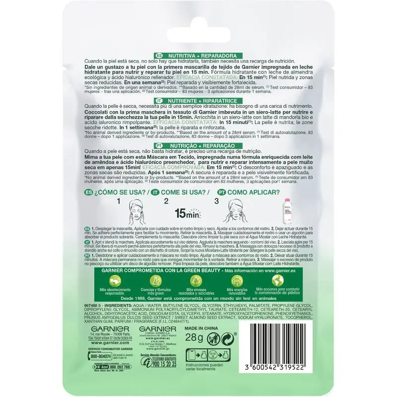 Garnier Skin Active Nutri Bomb Milky Mask Masque réparateur au lait d'amande bio et à l'acide hyaluronique