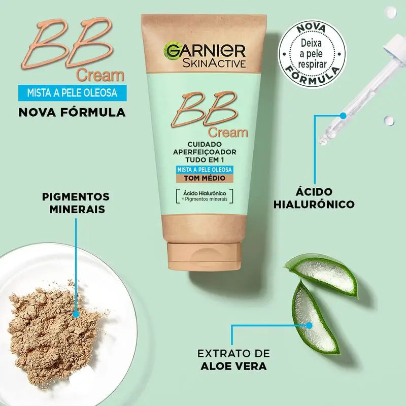 Garnier Skinactive Mattifying Bb Cream Pour Peau mixte à grasse de tonalité moyenne. Hydratant tout-en-un avec couleur Spf 25, 50 ml