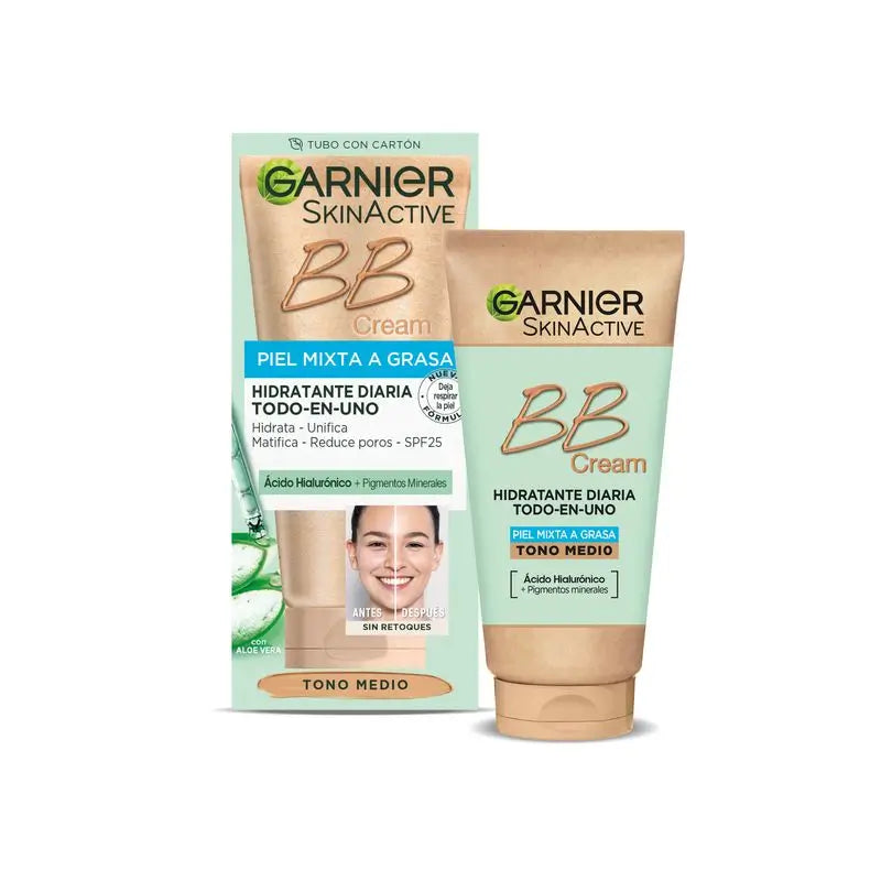 Garnier Skinactive Mattifying Bb Cream Pour Peau mixte à grasse de tonalité moyenne. Hydratant tout-en-un avec couleur Spf 25, 50 ml