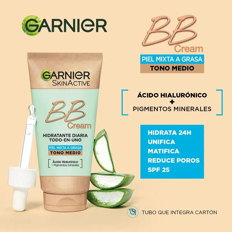 Garnier Skinactive Mattifying Bb Cream Pour Peau mixte à grasse de tonalité moyenne. Hydratant tout-en-un avec couleur Spf 25, 50 ml