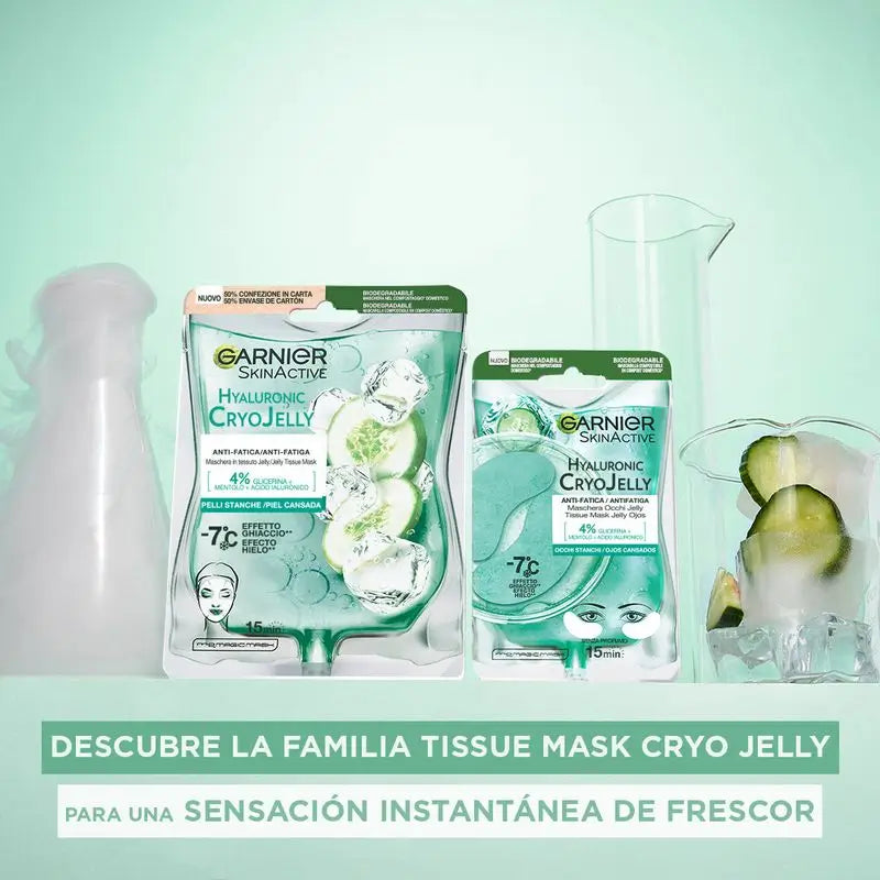 Garnier Tissue Mask Hyaluronic Cryo Jelly Anti-Fatigue Eye Contour Mask. 4% Glycérine + Menthol + Acide Hyaluronique.