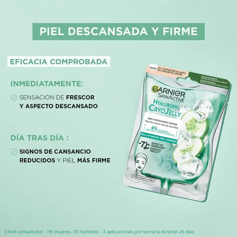 Garnier Tissue Mask Hyaluronic Cryo Jelly Anti-Fatigue Pour Peau Fatiguée. 4% Glycérine + Menthol + Acide Hyaluronique.