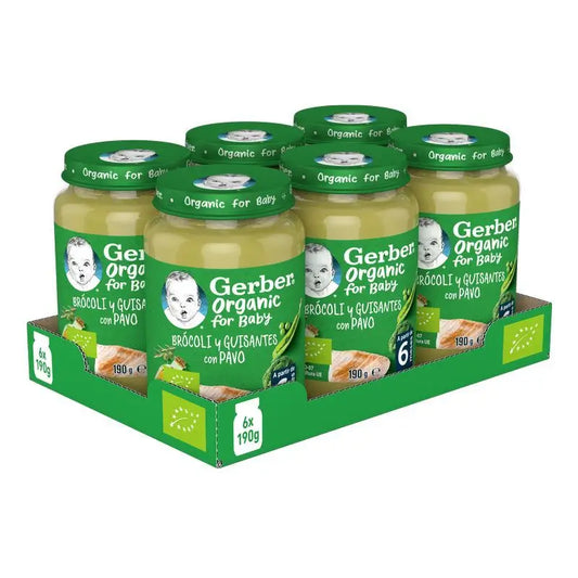 GERBER Pack Pots salés bio Brocoli Pois & Dinde, 190g x 6 unités