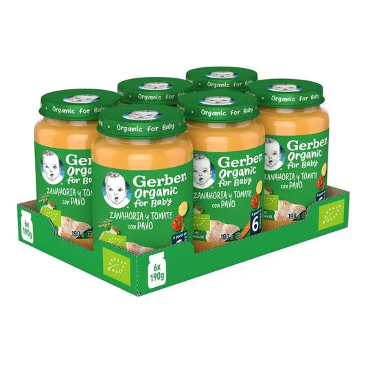 GERBER Pack Savoury Organic Carrot Tomato Tomato Turkey Jars, 190g x 6 units