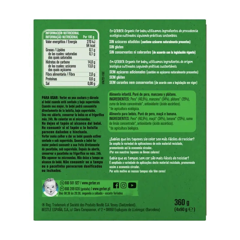 GERBER Pouch Organic Multipack Poire, Pomme, Banane
