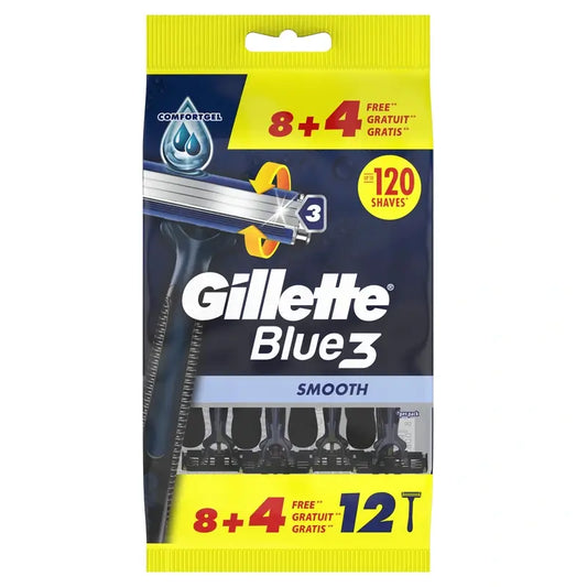 Gillette Blue3 Smooth 8+4 Rasoirs jetables pour hommes Tête pivotante 40° et bande lubrifiante, 12 pcs.