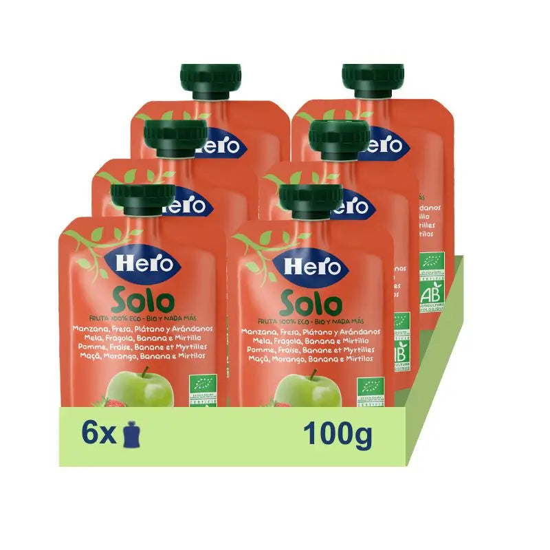 Hero Baby Pack Eco Sachet Pomme, Fraise, Banane et Myrtille seulement, 6 X 100 grammes