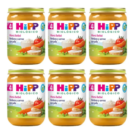 Hipp Bio : petits pots de légumes et riz au poulet, lot de 6 x 190 g
