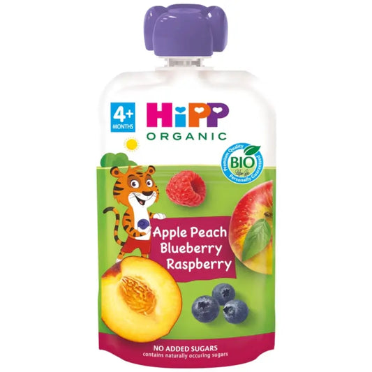Sachets Hipp Bio Pomme Pêche et Fruits des Bois, 100 g