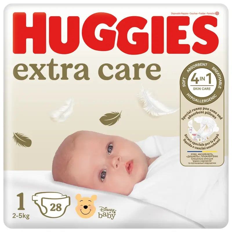 Huggies Extra Care Taille 1 (3-5 Kg) Couche bébé Disney, 28 pièces