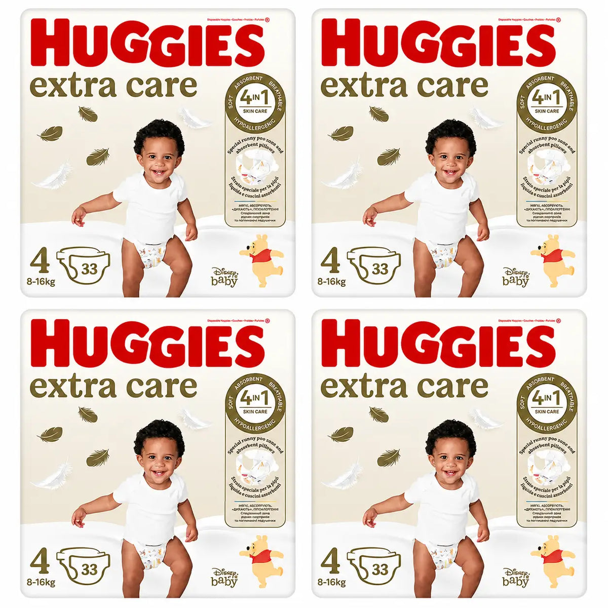 Huggies Extra Care Taille 4 (8-16 Kg) Couche pour bébé Disney, 33 pièces, paquet de 4