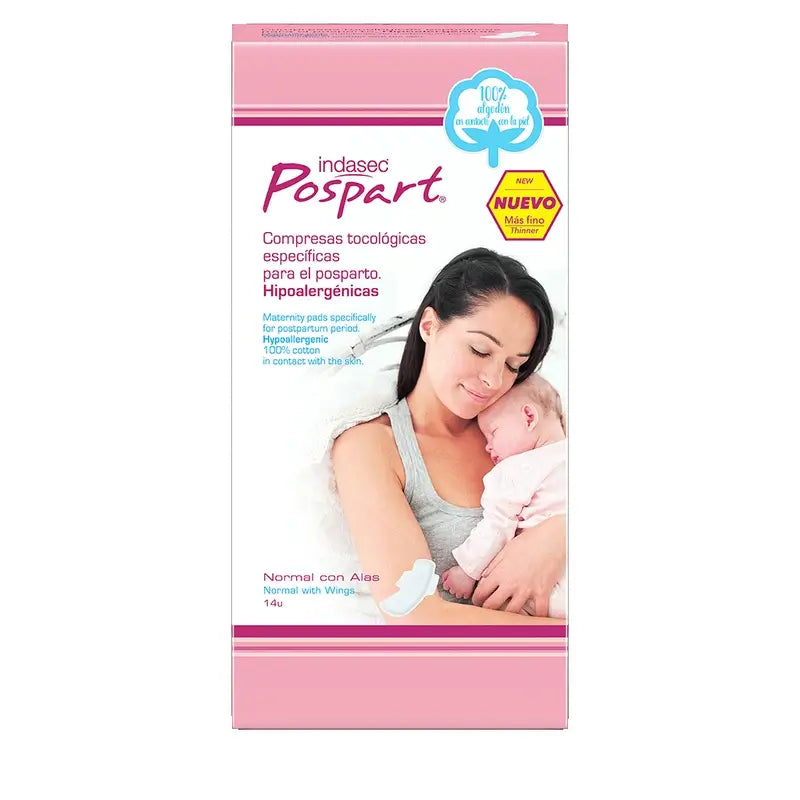 Indasec Postpartum Pads Normal Cotton With Wings , 14 unités