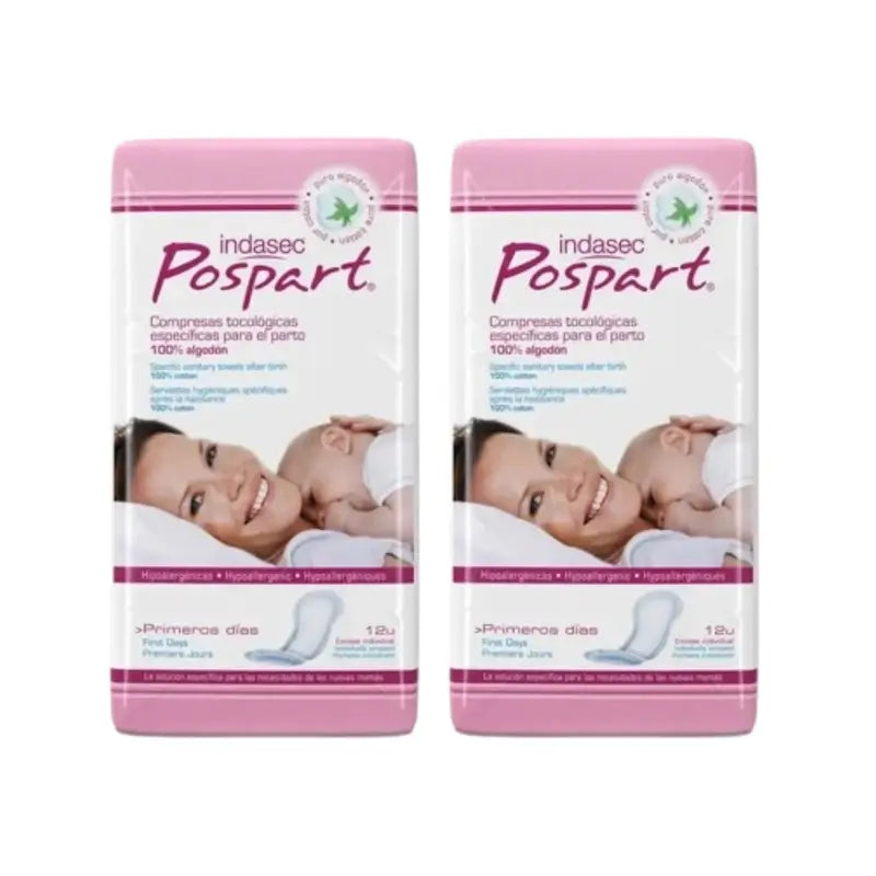 Indasec Postpart Compress Cotton First Days, Pack 2 x 12 unités