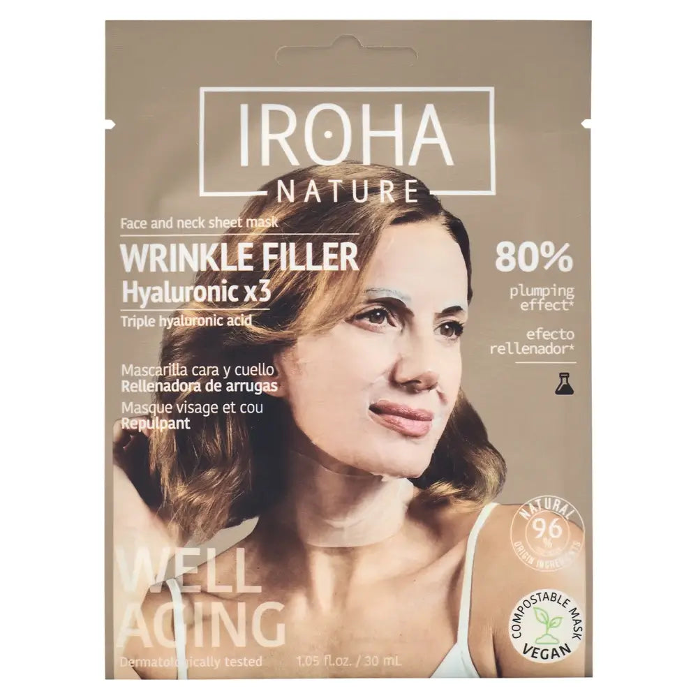 Iroha Nature Triple masque de comblement des rides à l'acide hyaluronique pour le visage et le cou, 30 ml