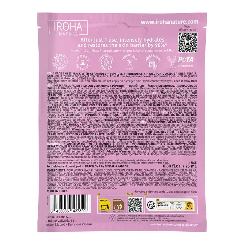 Iroha Nature Masque réparateur à base de céramides pour les peaux sensibles, 25 ml