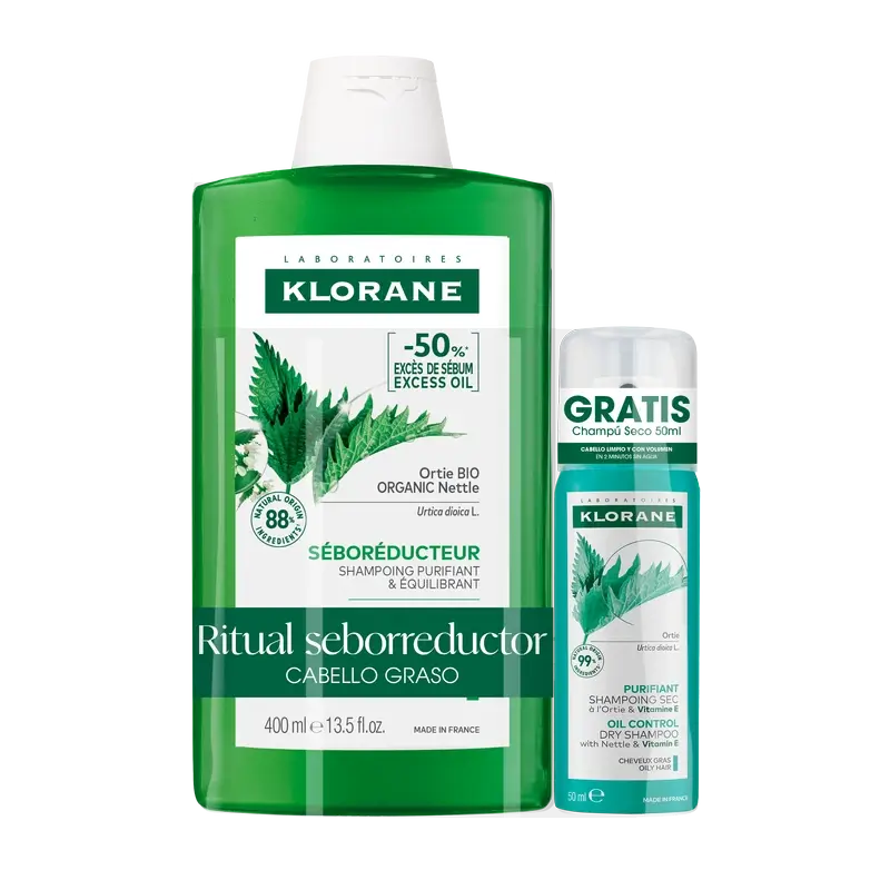 Klorane Pack Shampooing séborégulateur à l'ortie bio 400 ml + Shampooing sec purifiant à l'ortie et à la vitamine E 50 ml
