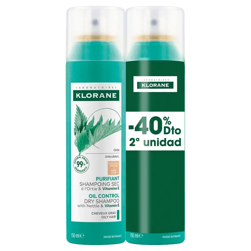 Klorane Natural Nettle Dry Shampoo Pack Oily Brown Hair 2x150ml 40% OFF