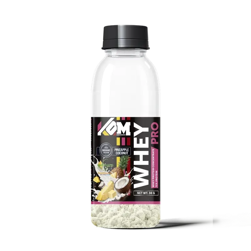 Kom Endurance Proteins Sports Nutrition , single dose bottle of whey protein 30g pineapple-coconut flavour