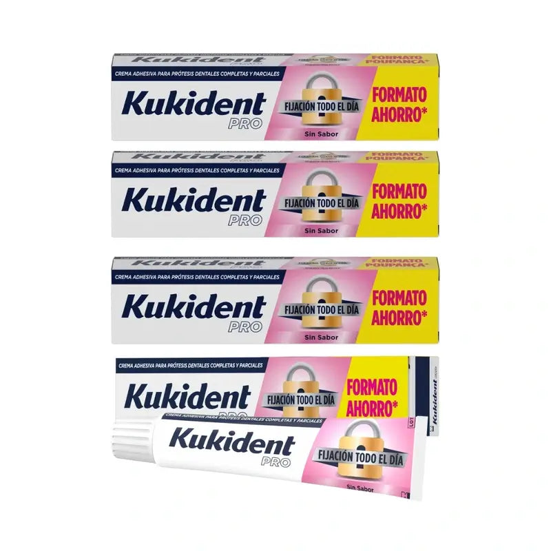 Kukident Quadruple Pro Crème adhésive complète pour prothèses dentaires, neutre 4 x 70 Gr