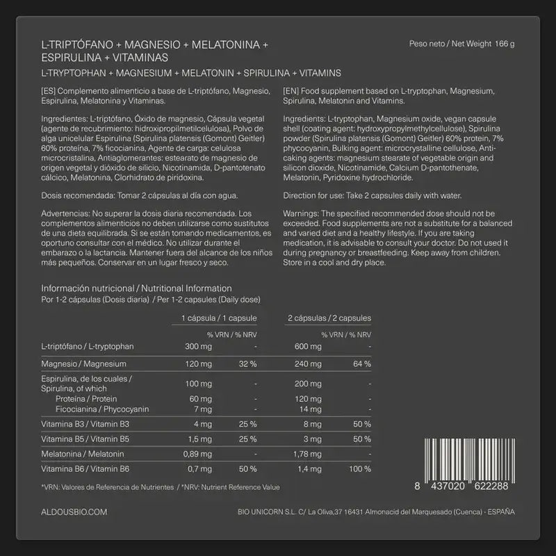 Aldous Labs L-Tryptophane Premium Mélatonine 1,78 mg Magnésium, 200 gélules végétales