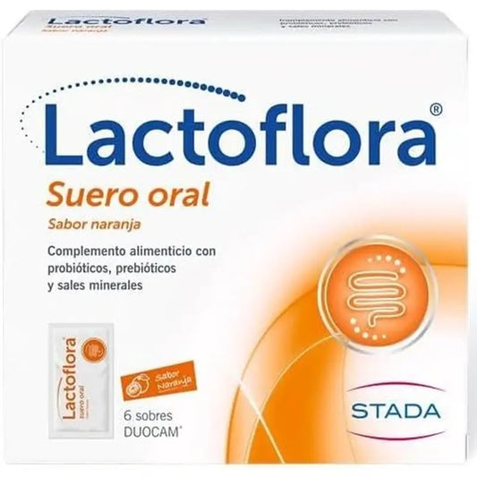 Lactoflora Sérum oral avec probiotiques, prébiotiques et sels minéraux Goût orange, 6 sachets