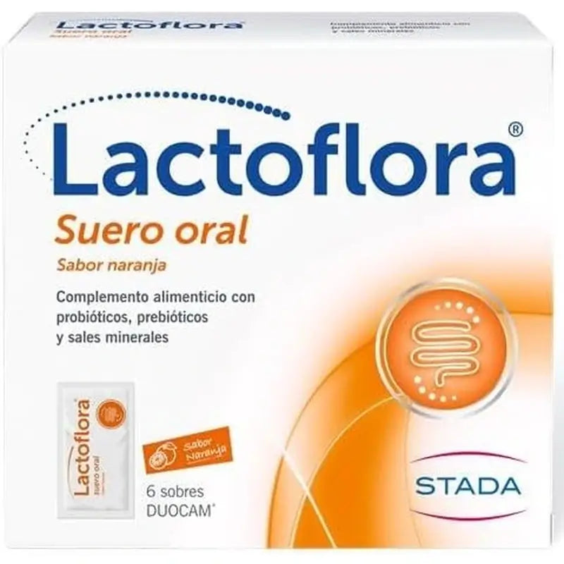 Lactoflora Sérum oral avec probiotiques, prébiotiques et sels minéraux Goût orange, 6 sachets