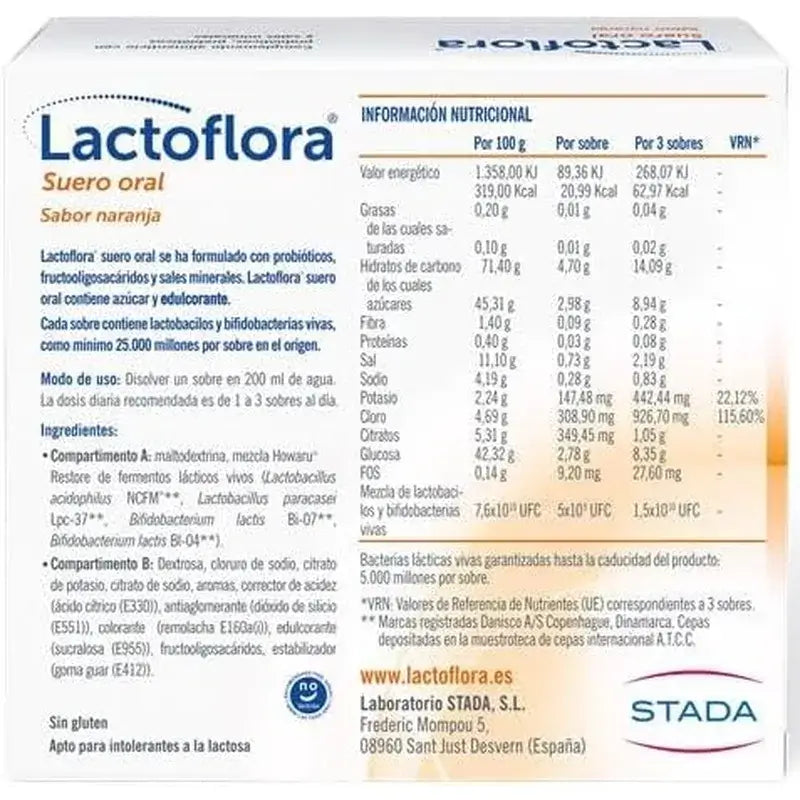 Lactoflora Sérum oral avec probiotiques, prébiotiques et sels minéraux Goût orange, 6 sachets