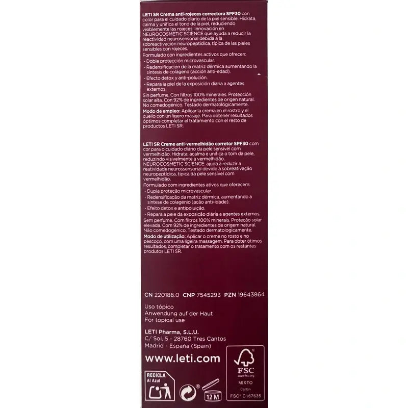 Leti Sr Antiredness Corrective Cream Spf30 With Colour , 40 ml