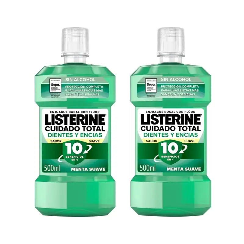 Listerine Duplo Bain de bouche Protection des dents et des gencives Bain de bouche à la menthe douce Sans alcool, 2 x 500 ml