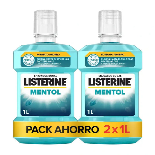 Listerine Bain de bouche Menthol Protection de la plaque dentaire, Renforce les dents, Paquet de 2 x 1000ml.