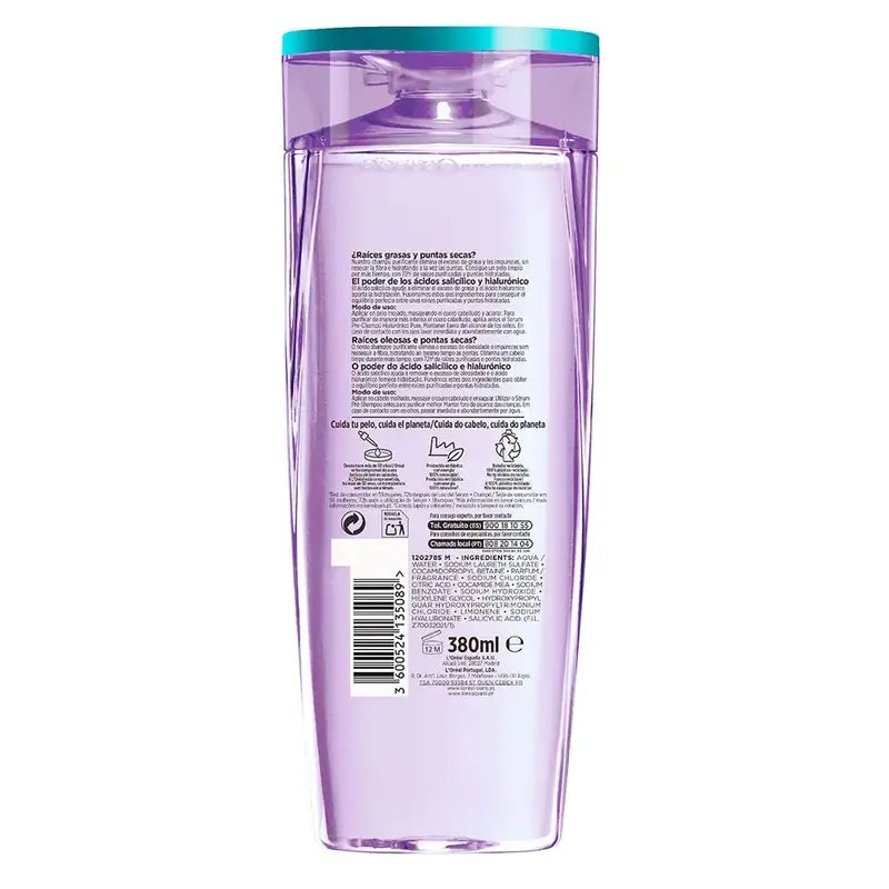 L'Oréal Paris Elvive Hyaluronic Pure Shampooing : nettoie, hydrate, fait briller et donne du corps, sans silicone, 400 ml