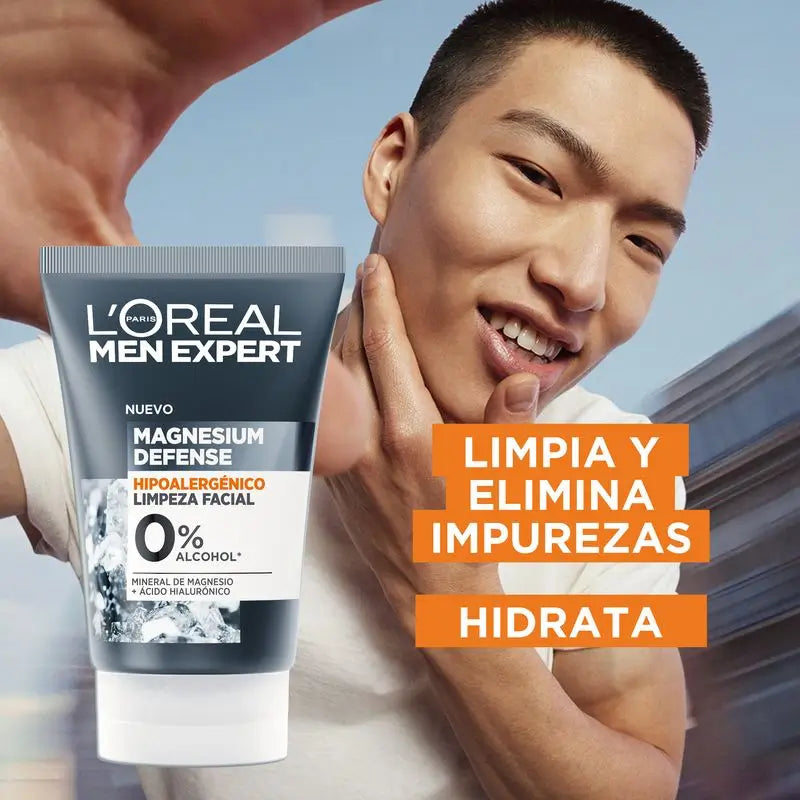 L'Oréal Paris Men Expert Nettoyant Visage Défense Magnésium : Hypoallergénique, Minéral Magnésium & Acide Hyaluronique