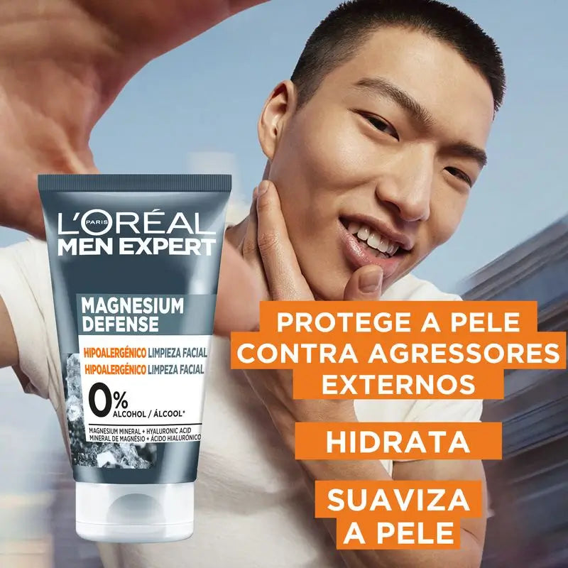 L'Oréal Paris Men Expert Nettoyant Visage Défense Magnésium : Hypoallergénique, Minéral Magnésium & Acide Hyaluronique