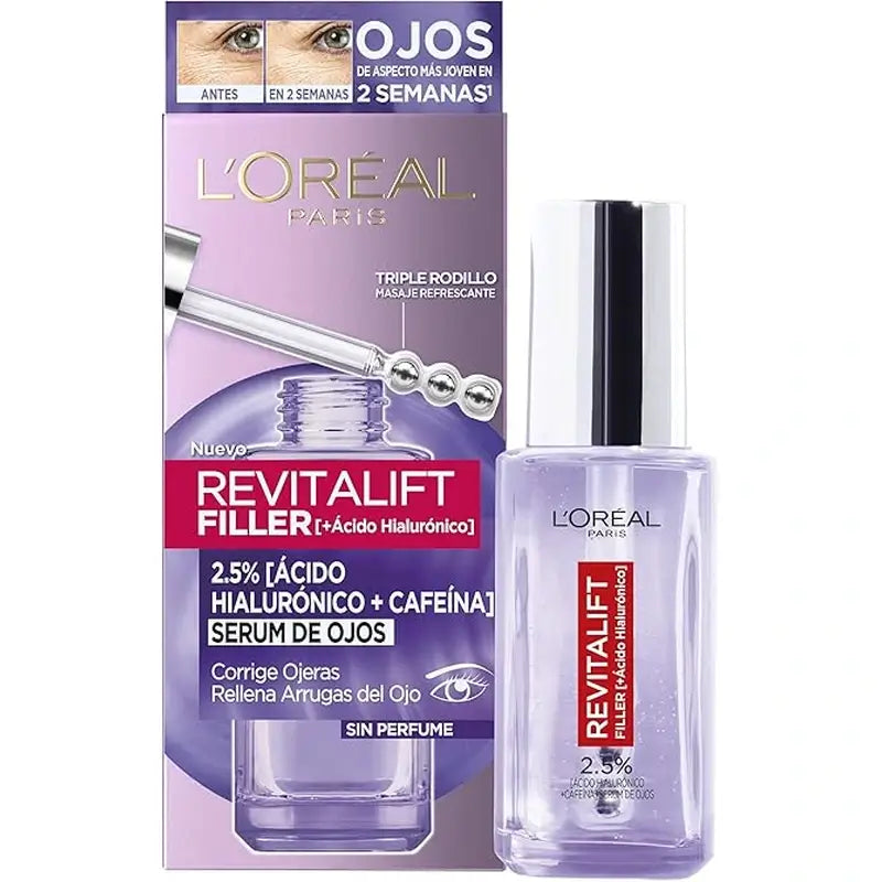 L'Oréal Paris Revitalift Filler Eye Serum : 2.5% Hyaluronic Acid & Caffeine, Triple Roll-On