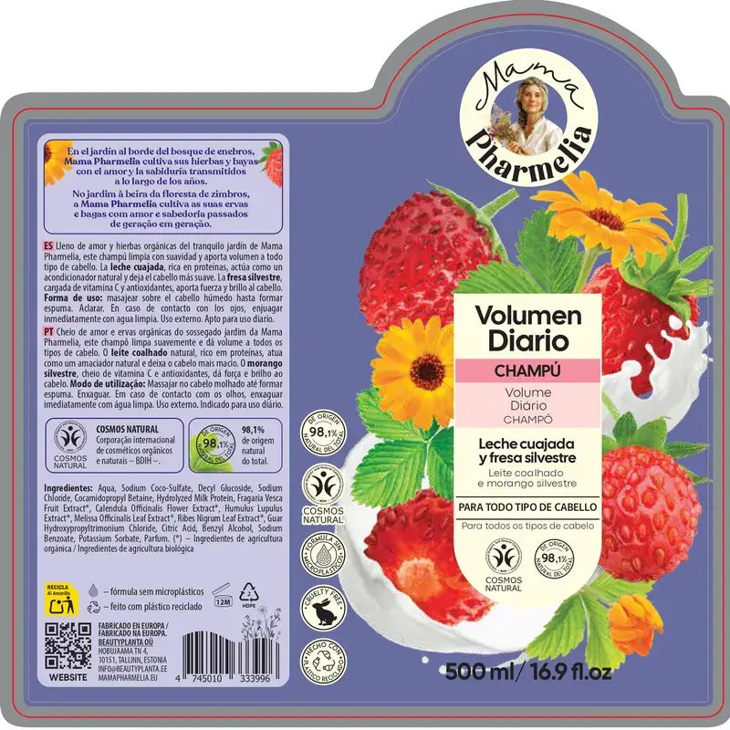 Mama Pharmelia Shampooing Daily Volume Milk Curd & Wild Strawberry, 500Ml