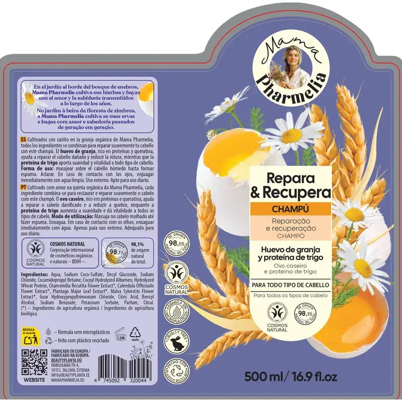 Mama Pharmelia Farm Shampooing réparateur et régénérateur aux protéines d'œuf et de blé, 500 ml