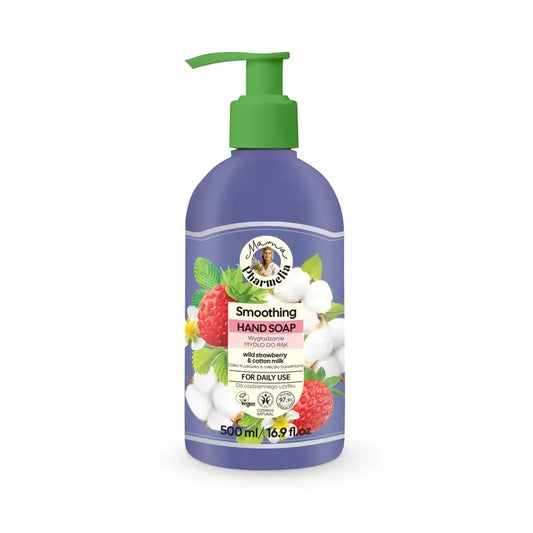 Mama Pharmelia Savon apaisant pour les mains à la fraise sauvage et au lait de coton, 500 ml