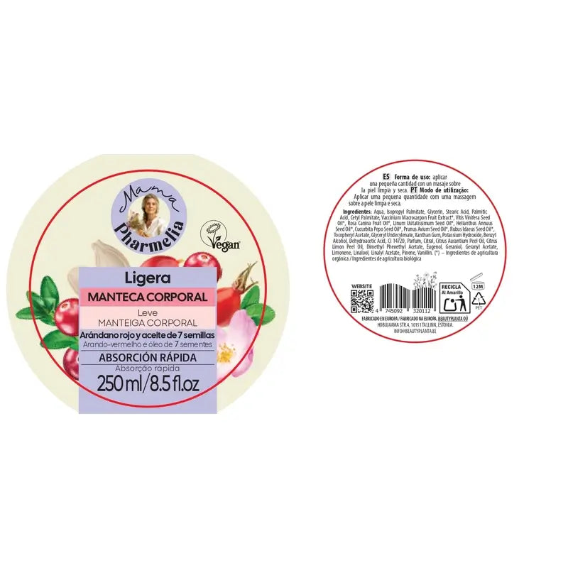 Mama Pharmelia Beurre corporel léger à la canneberge et à l'huile de 7 graines, 250 ml