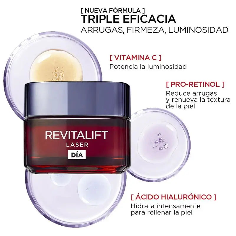 L'Oréal Paris Revitalift Laser, crème de jour anti-âge intensive à la vitamine C, au pro-rétinol et à l'acide hyaluronique, 50ml