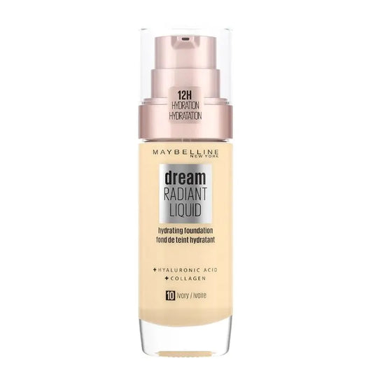 Maybelline New York Dream Radiant Liquid 10 Ivory : Fond de teint hydratant à l'acide hyaluronique et au collagène, peaux claires, 30ML