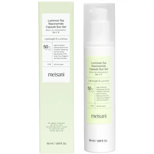 Meisani Luminosi-Tea Gel solaire à la niacinamide en capsule SPF 50, 50 ml