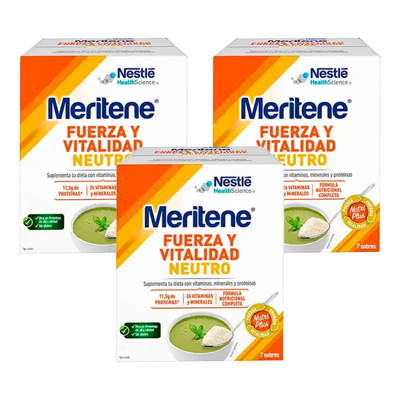 Meritene Shake Force et Vitalité Goût Neutre, Pack 3 Boîtes 7 sachets x 50 grammes