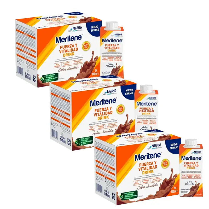 Meritene Boisson Force et Vitalité Chocolat, Pack 3 Boîtes 6 x 180 ml